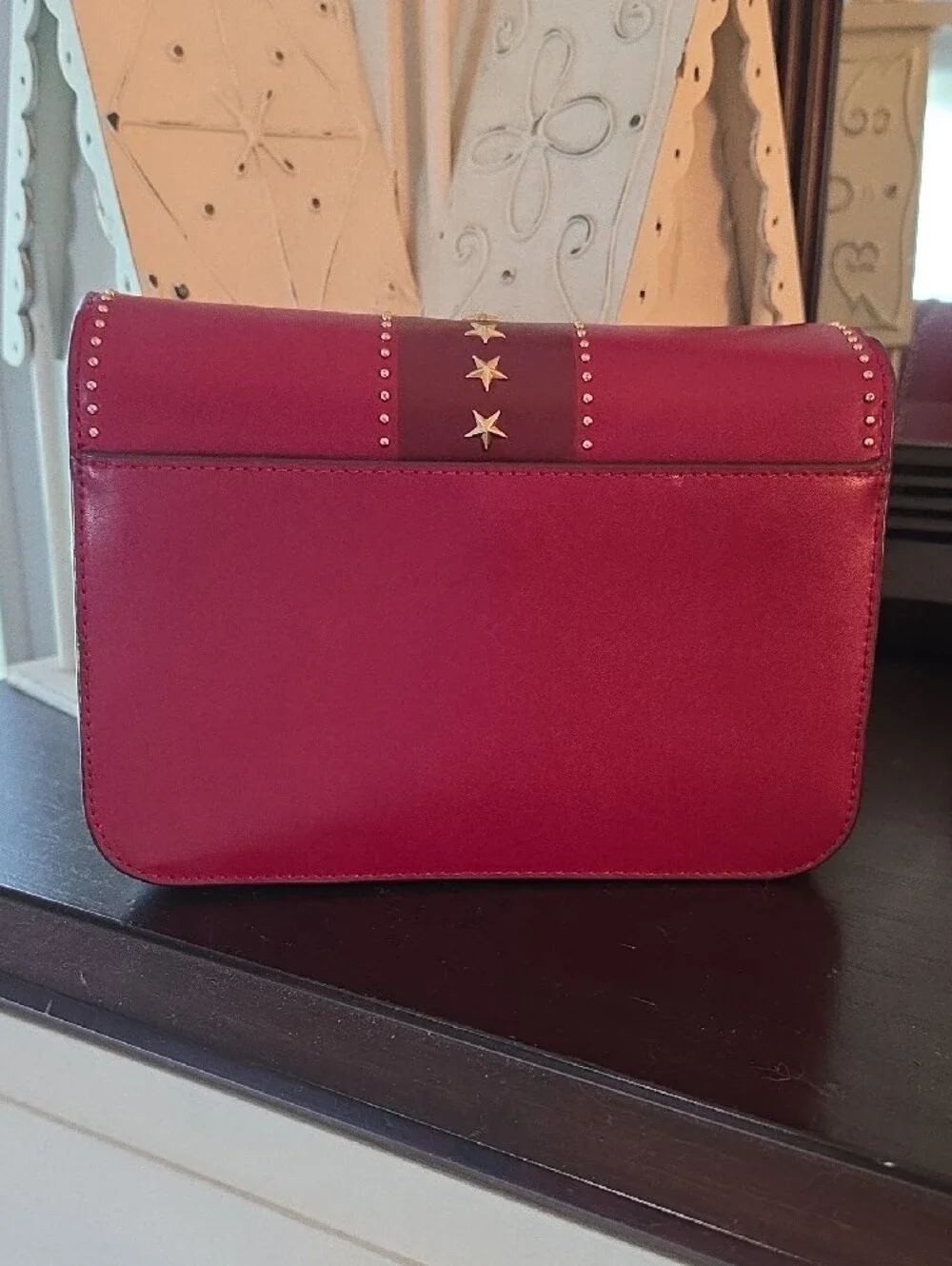 Michael Kors Burgundy Leather Star-Stud Crossbody with Gold Hardware